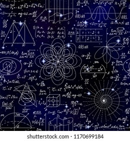 Scientific space vector seamless background with handwritten math formulas, calculations and figures