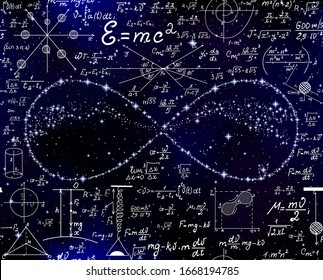 Scientific space vector seamless background with handwritten math formulas, calculations and infinity sign 