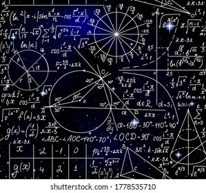 Scientific space vector seamless background with handwritten math formulas, calculations and figures
