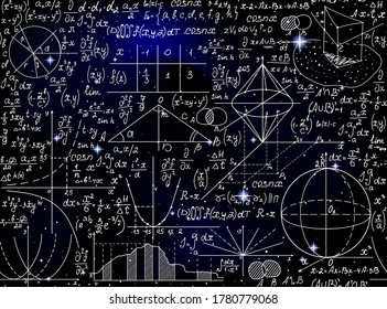 Scientific space vector seamless background with handwritten math formulas, calculations and figures