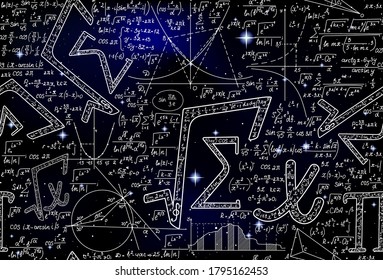 Scientific space vector seamless background with handwritten math formulas, calculations and figures