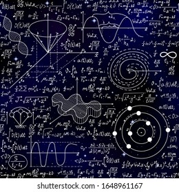 Scientific space vector seamless pattern with handwritten math formulas, calculations and figures