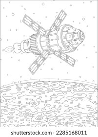 Scientific spacecraft with solar panels flying in orbit around the Moon, black and white outline vector cartoon illustration for a coloring book