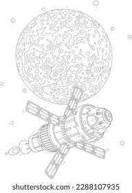 Scientific spacecraft with solar panels flying in orbit around the Moon, black and white outline vector cartoon illustration for a coloring book