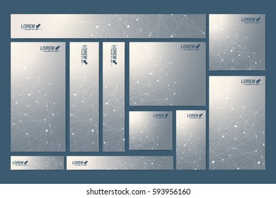 Scientific standard size banners. Geometric abstract presentation. Medical, science, technology, chemistry background molecule and communication. Cybernetic dots. Lines plexus. Card surface