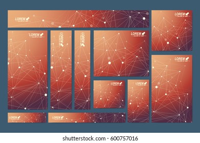 Scientific standard size banners. Geometric abstract presentation. Medical, science, technology, chemistry background molecule and communication. Cybernetic dots. Lines plexus. Card surface