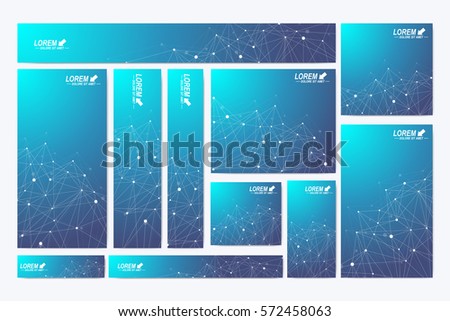 Scientific standard size banners. Geometric abstract presentation. Medical, science, technology, chemistry background molecule and communication. Cybernetic dots. Lines plexus. Card surface