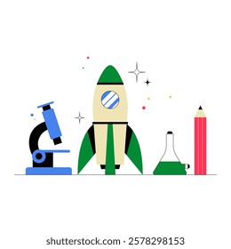 Scientific Startup With Rocket, Microscope, Pencil, And Flask In Flat Vector Illustration Symbolizing Innovation, Research, And Technology, Isolated On White Background