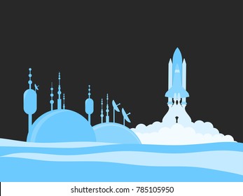 Scientific station. Launch of the spaceship. Colonization of the planet. Vector illustration