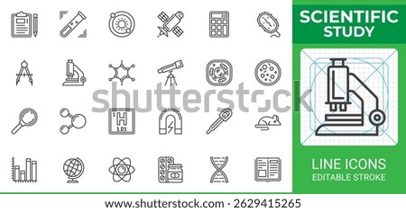 Scientific study line icon pack. Outline vector symbols for education, research, and experiments. Icons include microscope, molecule, telescope, bacteria, DNA, atom, test, mouse, magnet, and graph