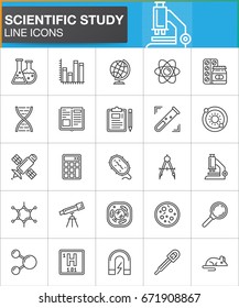 Scientific study line icons set, outline vector symbol collection, linear style pictogram pack. Signs, logo illustration. Set includes icons as lab, flask, microscope, test, tube, dna, cell, atom