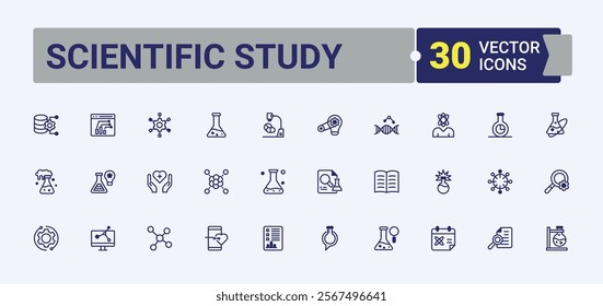 Scientific Study linear icon collection. Contains such icons as test, lab, analysis, science, atom, discovery, virus, bio. Icons for UI. Vector outline and solid icons collection.