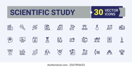 Scientific Study linear icon collection. Contains such icons as test, lab, analysis, science, atom, discovery, virus, bio. Icons for UI. Vector outline and solid icons collection.