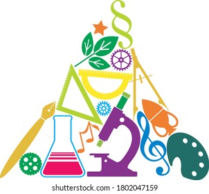 Scientific subjects symbols arranged into a pyramid,  conceptual graphic, EPS8 vector illustration