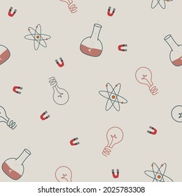 Scientific symbols, light bulbs, test tubes, magnets, patterns and backgrounds, vector.
