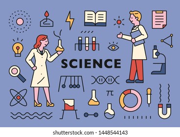 Scientific symbols, scientist characters, and instrument icons on a page. flat design style minimal vector illustration.