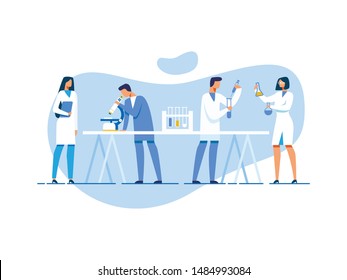 Scientific Team Working on Creation Innovative Drug Formula. Flat Cartoon People Characters and Lab Equipment. Scientists Mixing Liquids and Examining Samples. Vector Research Laboratory Illustration