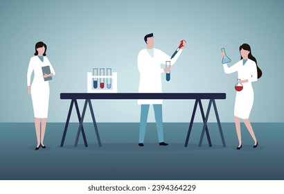 Equipo científico que trabaja en la creación de una fórmula innovadora para medicamentos. Estudio experimental. Personajes de caricaturas planas y equipos de laboratorio. Científicos mezclando líquidos y examinando muestras. 
