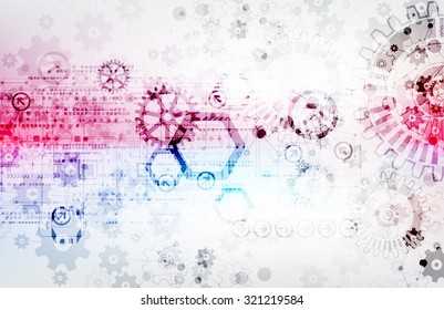 Scientific technical background scheme gears. Gearwheel and linear structure, spin and rotate, vector illustration