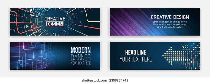 Concepto científico y técnico. Banner moderno de estilo tecnológico. Conjunto de plantillas de banners web, protección de la información, big data.
