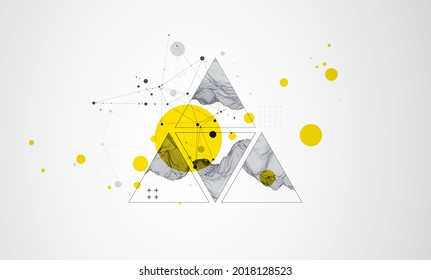 Scientific and technical image of the mountains. Abstract wireframe surface background inside a triangle.