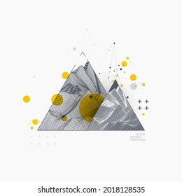 Wissenschaftliches und technisches Bild der Berge. Abstrakter Wireframe-Hintergrund innerhalb eines Dreiecks.