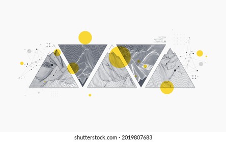 Wissenschaftliches und technisches Bild der Berge. Abstrakter Wireframe-Hintergrund innerhalb eines Dreiecks.