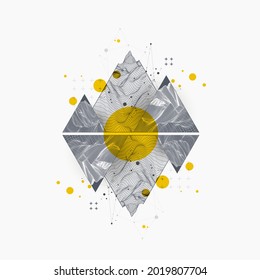 Scientific and technical image of the mountains. Abstract wireframe surface background inside a triangle.