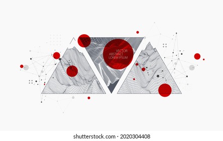 Scientific and technical image of the mountains. Abstract wireframe surface background inside a triangle.