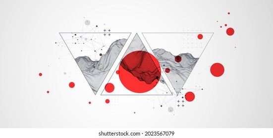 Scientific and technical image of the mountains. Abstract wireframe surface background inside a triangle.
