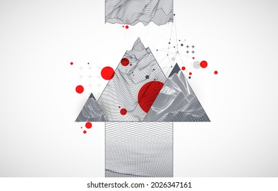 Wissenschaftliches und technisches Bild der Berge. Abstrakter Wireframe-Hintergrund innerhalb eines Dreiecks.