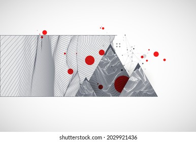Scientific and technical image of the mountains. Abstract wireframe surface background inside a triangle.