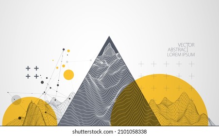 Scientific and technical image of the mountains. Abstract wireframe surface background inside a triangle.