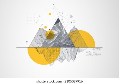 Scientific and technical image of the mountains. Abstract wireframe surface background inside a triangle.