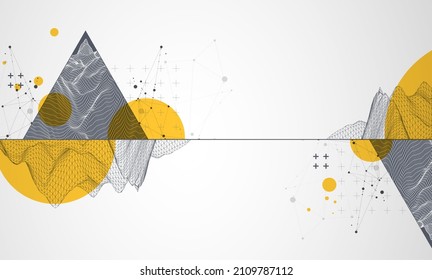 Scientific and technical image of the mountains. Abstract wireframe surface background inside a triangle.