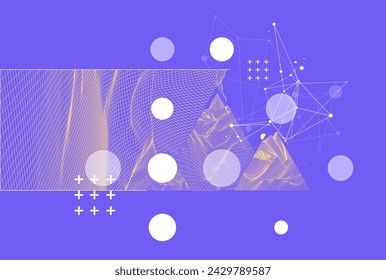 Scientific and technical image of the mountains. Abstract wireframe surface background inside a triangle. Hand drawn vector.