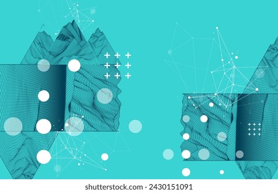 Scientific and technical image of the mountains. Abstract wireframe surface background inside a triangle. Hand drawn vector.