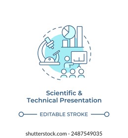 Scientific and technical presentation soft blue concept icon. Educational lecture. Scientific discovery. Round shape line illustration. Abstract idea. Graphic design. Easy to use in article