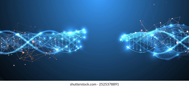 Conhecimentos científicos e tecnológicos. Imagem de uma molécula de DNA com onda de forma geométrica. Vetor desenhado à mão.