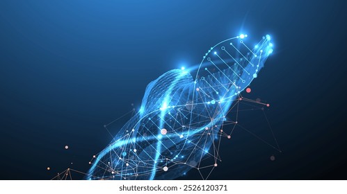 Conhecimentos científicos e tecnológicos. Imagem de uma molécula de DNA com onda de forma geométrica. Vetor desenhado à mão.