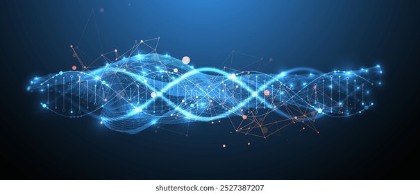 Antecedentes científicos y tecnológicos. Imagen de una molécula de ADN con una onda de forma geométrica. Vector dibujado a mano.