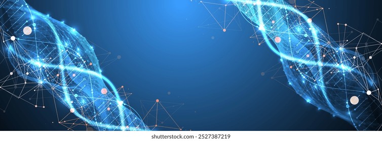 Antecedentes científicos y tecnológicos. Imagen de una molécula de ADN con una onda de forma geométrica. Vector dibujado a mano.