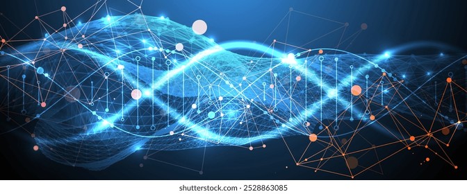 Scientific and technological background. An image of a DNA molecule with a wave of a geometric shape. Hand drawn vector.