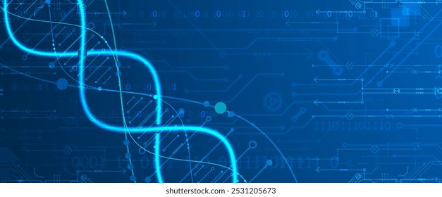 Antecedentes científicos y tecnológicos. Imagen de moléculas de ADN con Elementos tecnológicos. Vector dibujado a mano.