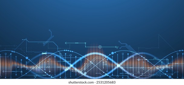 Conhecimentos científicos e tecnológicos. Imagem de molécula de dna com elementos tecnológicos. Vetor desenhado à mão.
