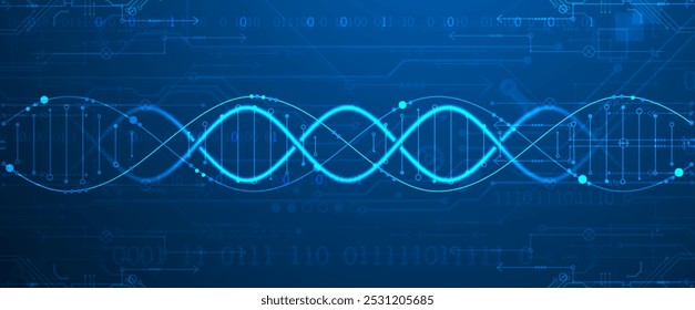 Scientific and technological background. Image of dna molecule with technological elements. Hand drawn vector.