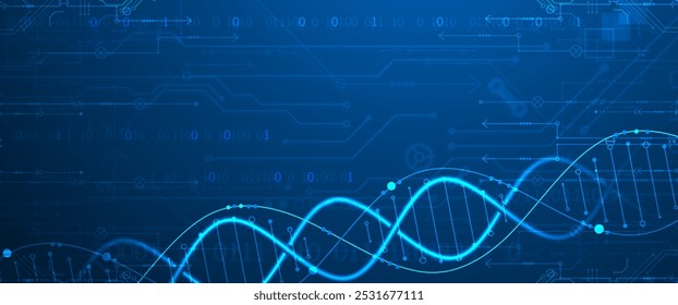 Antecedentes científicos y tecnológicos. Imagen de moléculas de ADN con Elementos tecnológicos. Vector dibujado a mano.