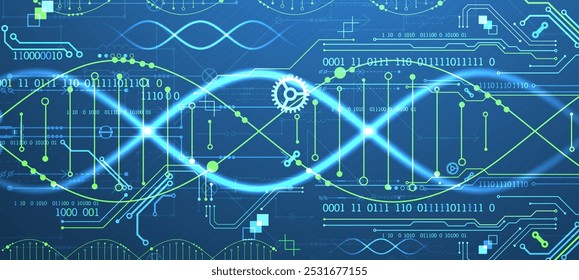 Scientific and technological background. Image of dna molecule with technological elements. Hand drawn vector.
