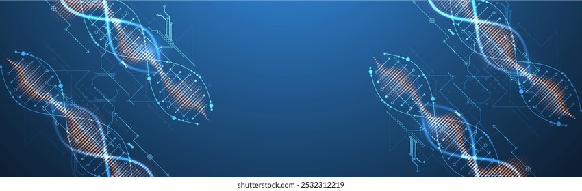 Conhecimentos científicos e tecnológicos. Imagem de molécula de dna com elementos tecnológicos. Vetor desenhado à mão.