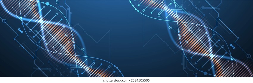 Scientific and technological background. Image of dna molecule with technological elements. Hand drawn vector.